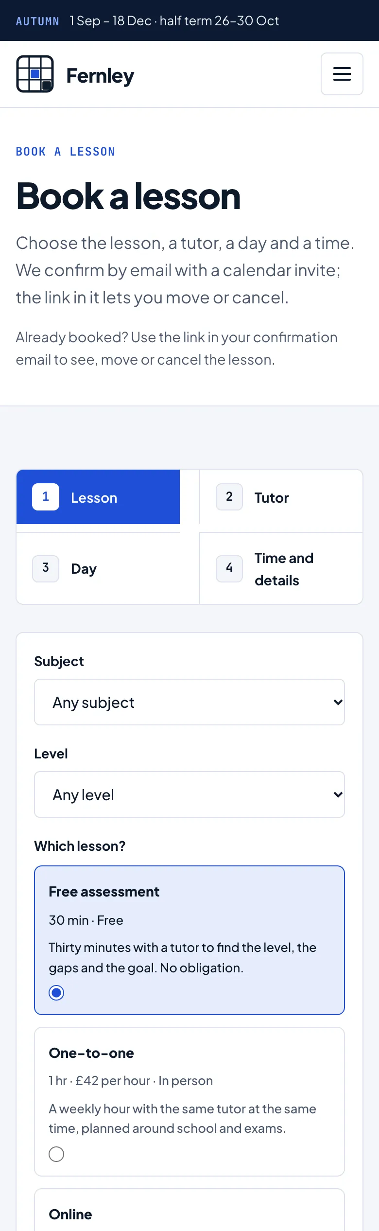 Book a lesson page in the Campus design on a phone: the four steps, subject and level, and the first lesson cards with their length and price