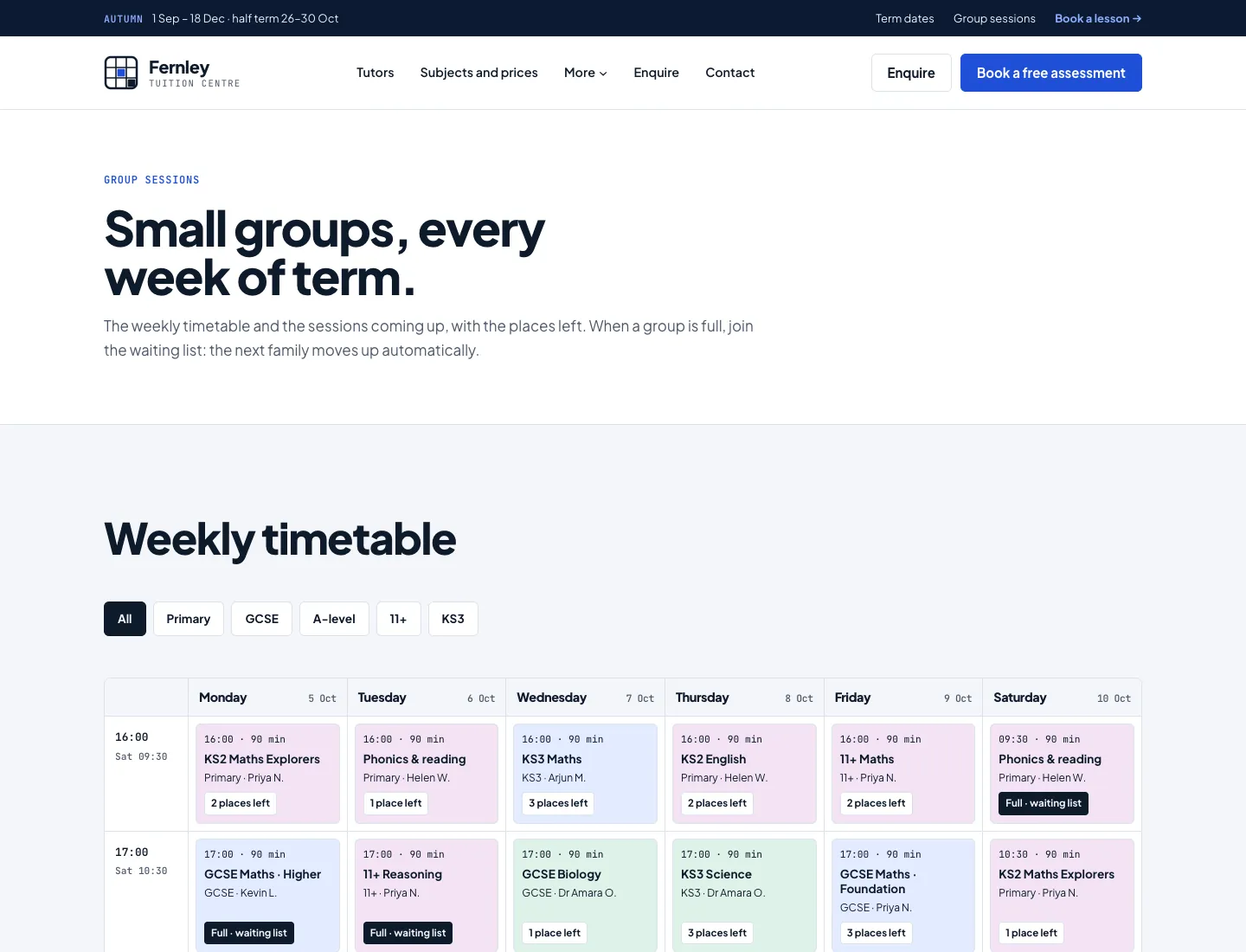 Group sessions page (Pro) in the Campus design on desktop: “Small groups, every week of term.” and the weekly timetable as a grid by day, tinted by subject, with level filters and the places left or “Full · waiting list”