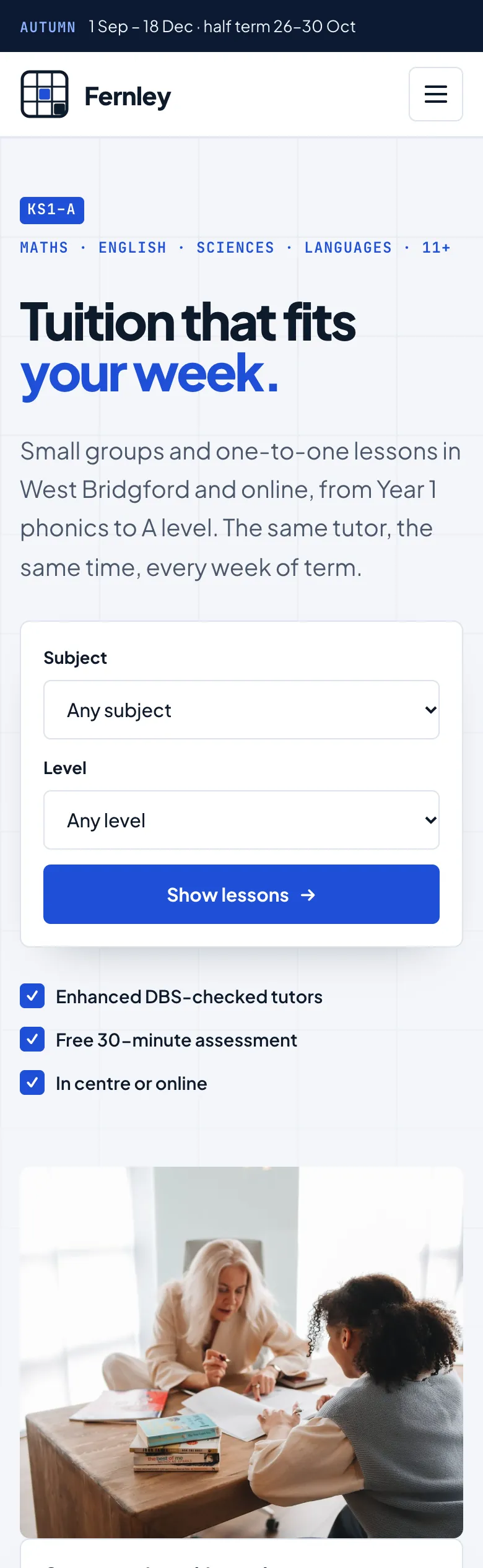Tutor home page in the Campus design on a phone: the term notice bar, “Tuition that fits your week.”, the subject and level finder and a lesson photo