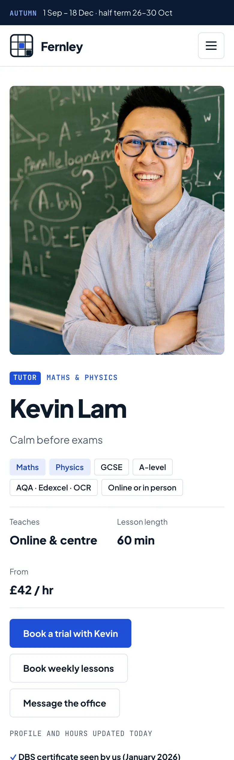 A tutor’s page in the Campus design on a phone: the portrait, subjects and levels, lesson length, price and next free time, and the booking buttons