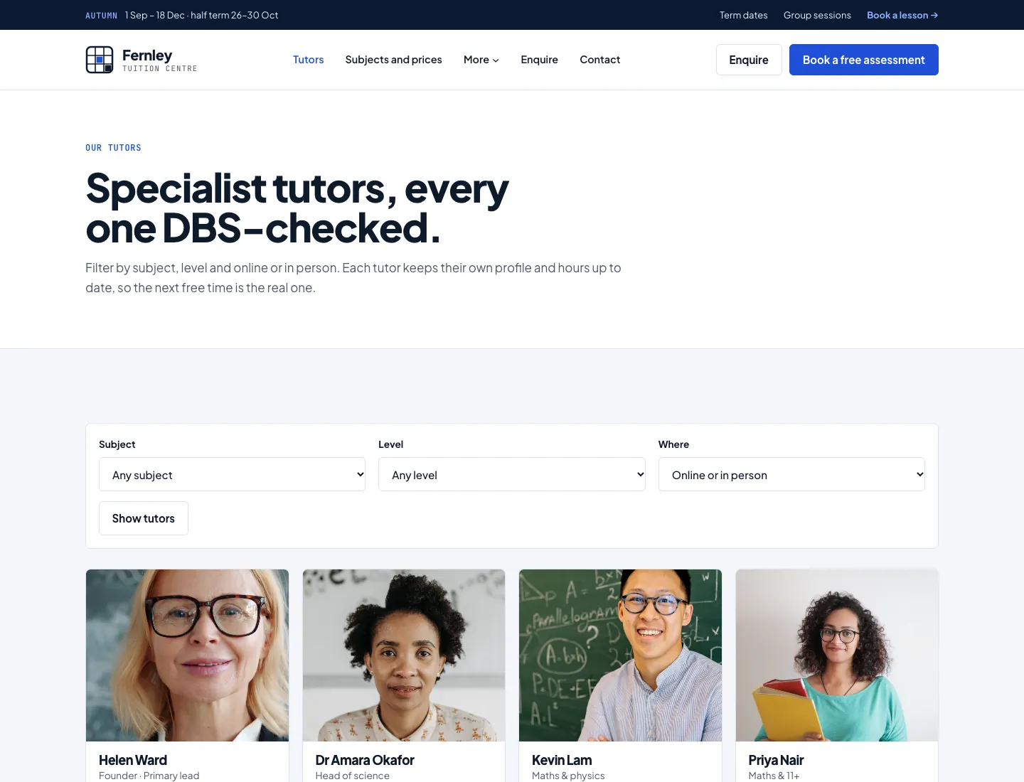 Our tutors page in the Campus design on desktop: “Specialist tutors, every one DBS-checked.”, filters for subject, level and online or in person, and tutor cards with portraits
