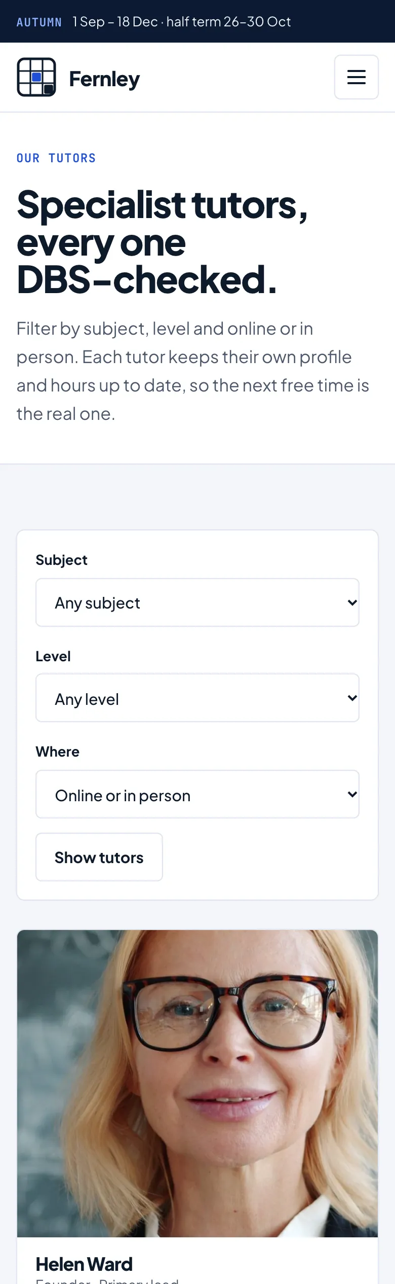 Our tutors page in the Campus design on a phone: the heading, the subject, level and where filters, and the first tutor card