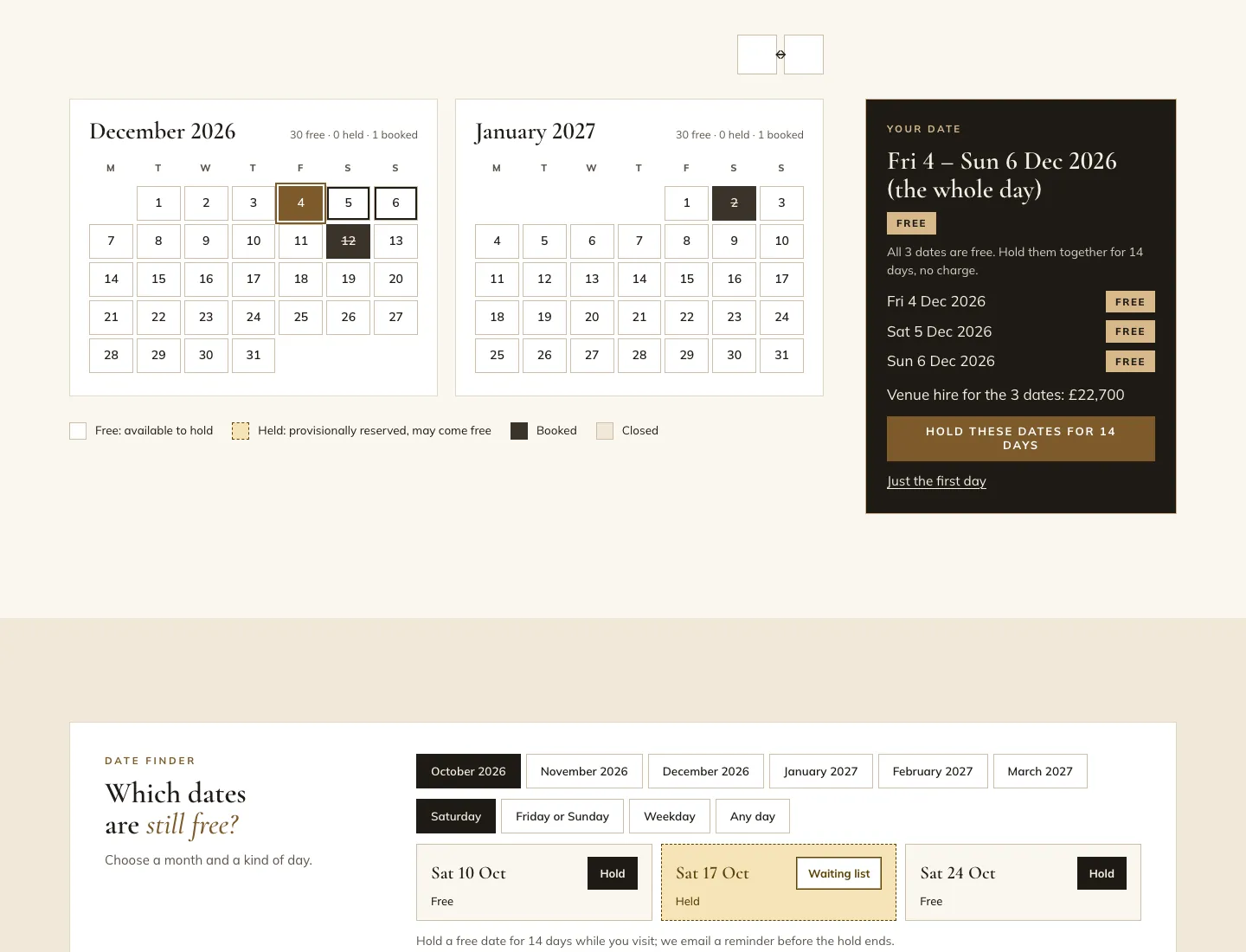Dates page in the Estate design on desktop: two months of the diary with Friday to Sunday picked, the legend for free, held, booked and closed, and the “Your date” panel listing the three days as free, the venue hire for the three dates and a “Hold these dates for 14 days” button