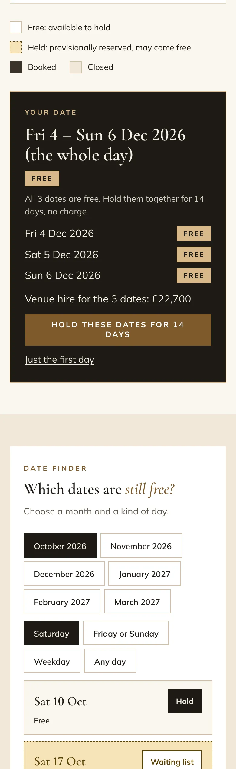 Dates page in the Estate design on a phone: the diary’s legend and the “Your date” panel for a Friday-to-Sunday weekend, each day marked free, the venue hire for the three dates and “Hold these dates for 14 days”