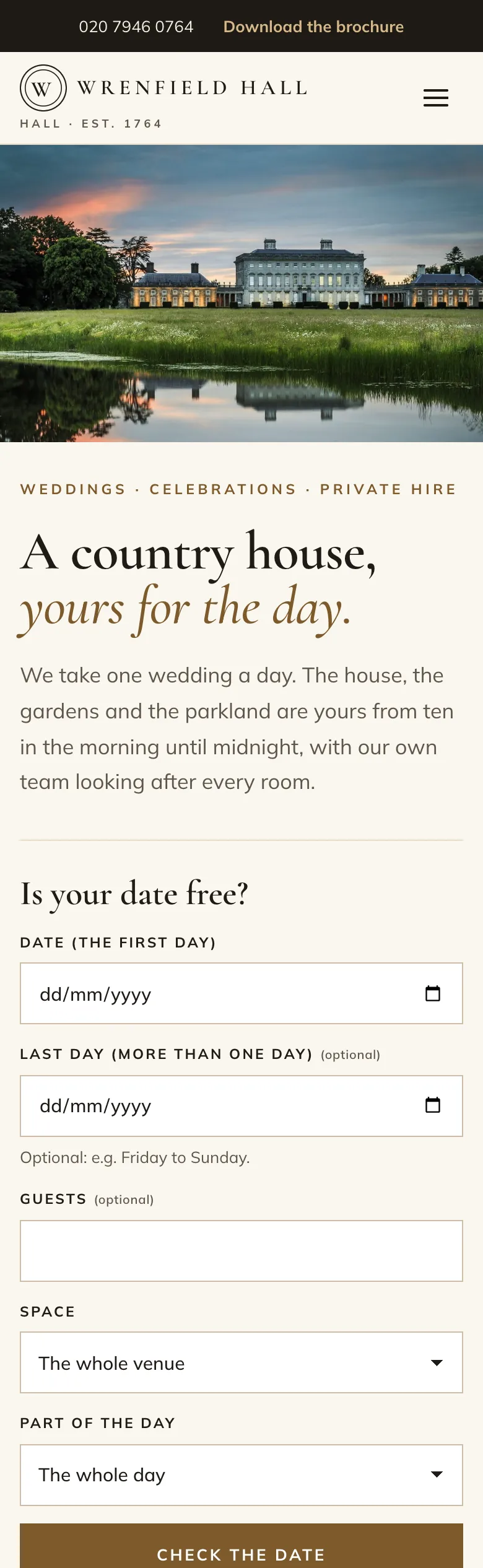 Venue home page in the Estate design on a phone: the crest and menu button, the house across the lake, “A country house, yours for the day.” and the date checker with a Check the date button