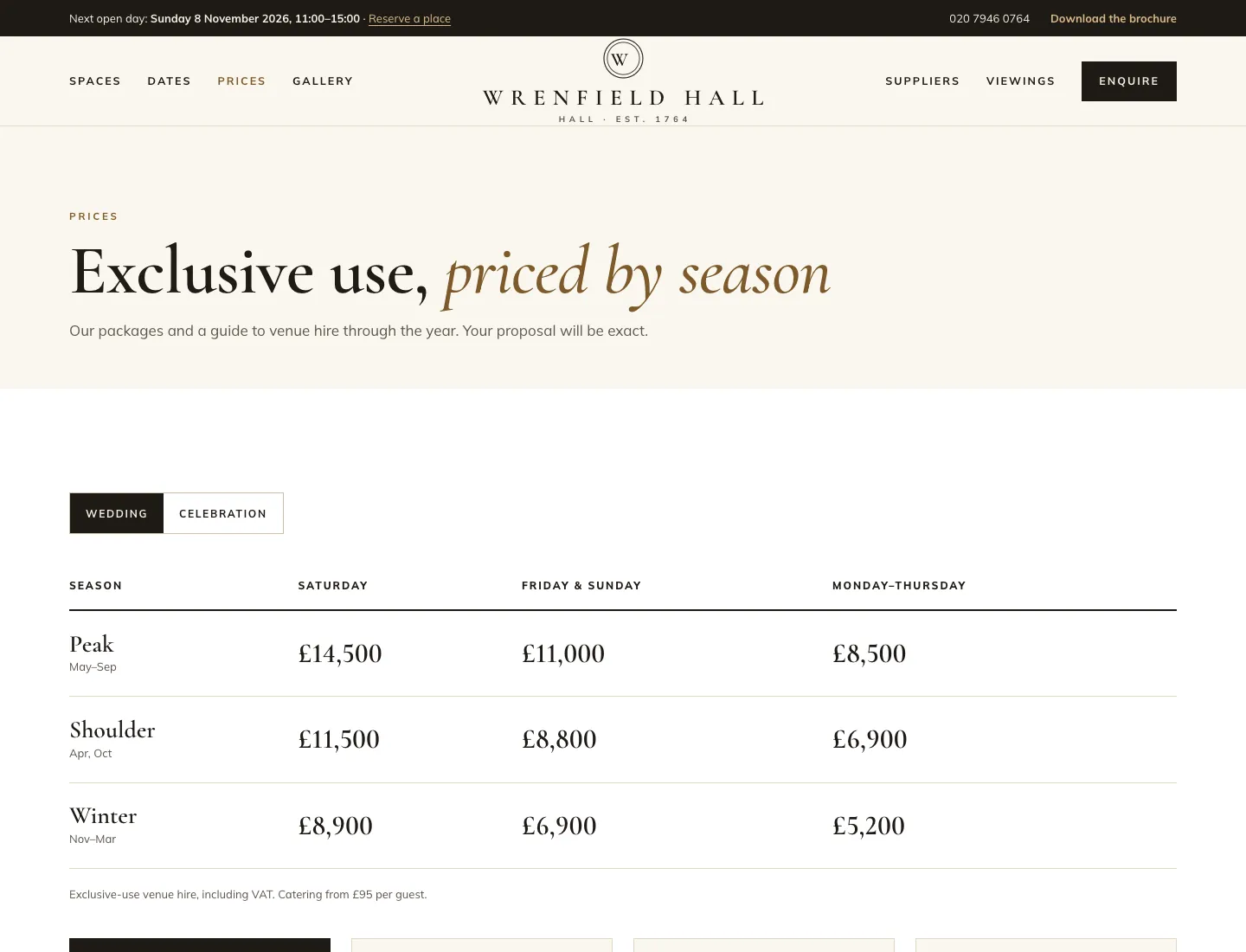 Prices page in the Estate design on desktop: “Exclusive use, priced by season” and a price guide with Wedding and Celebration tabs, Peak, Shoulder and Winter rows and Saturday, Friday & Sunday and Monday–Thursday prices