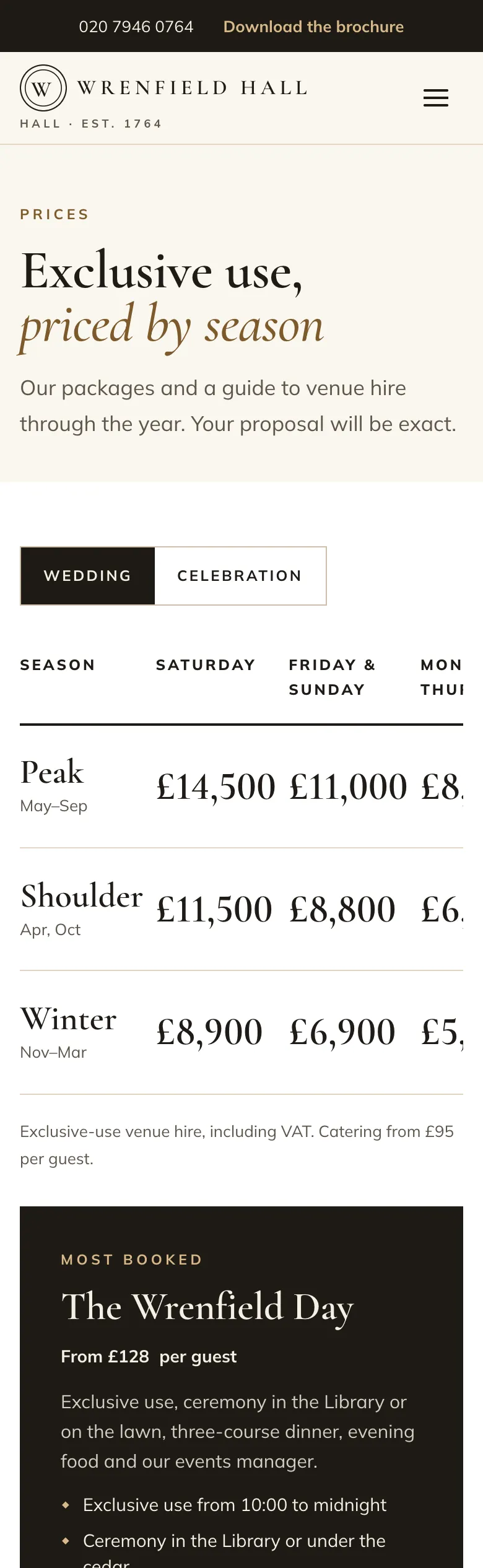 Prices page in the Estate design on a phone: the price guide by season and kind of day, then the most booked package with its price per guest and what’s included