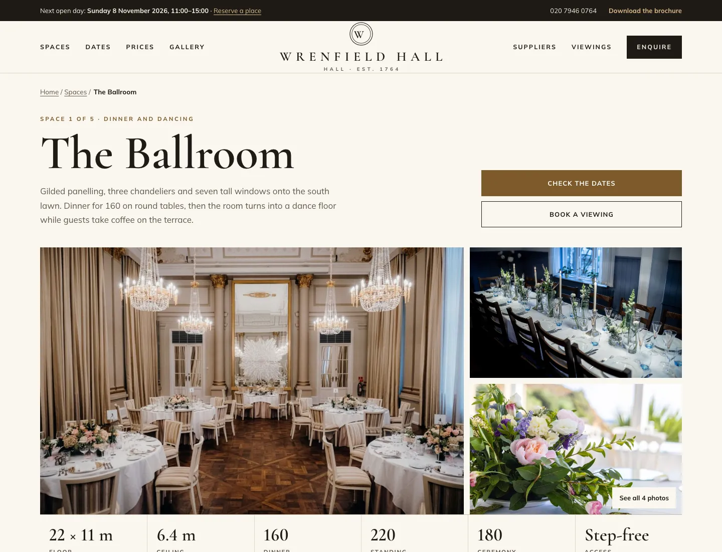 A space’s page in the Estate design on desktop: The Ballroom, “Space 1 of 5 · Dinner and dancing”, Check the dates and Book a viewing buttons, a large photo of the chandeliered room with two smaller photos, and its size, ceiling height and capacities