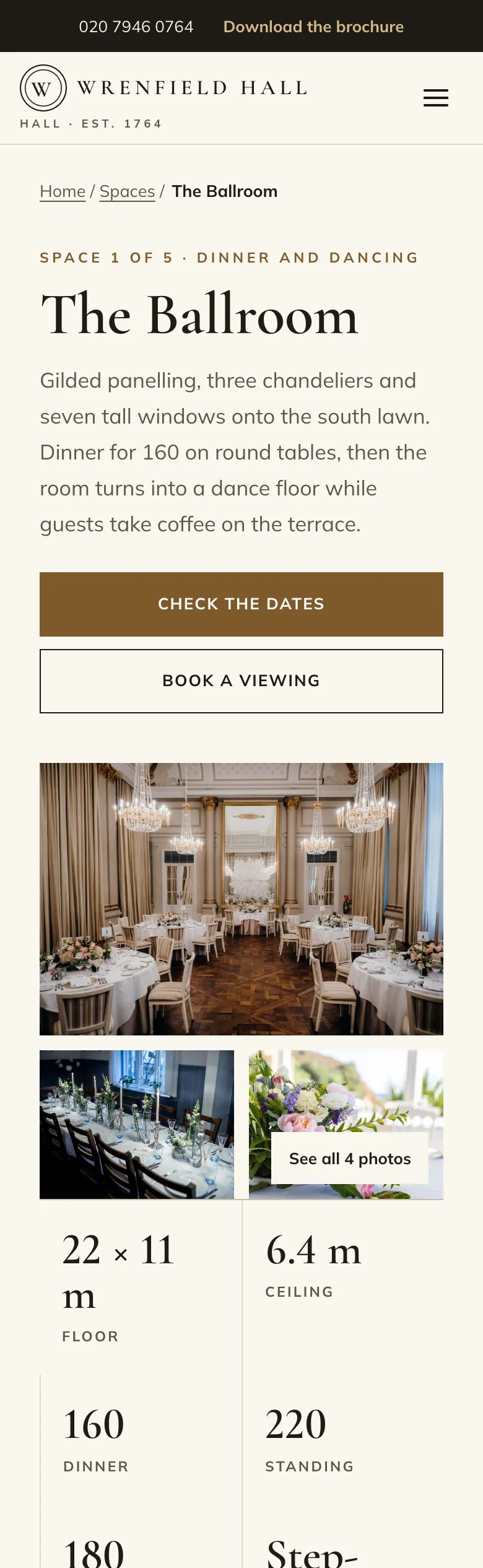 A space’s page in the Estate design on a phone: The Ballroom with its description, Check the dates and Book a viewing, its photos and key facts