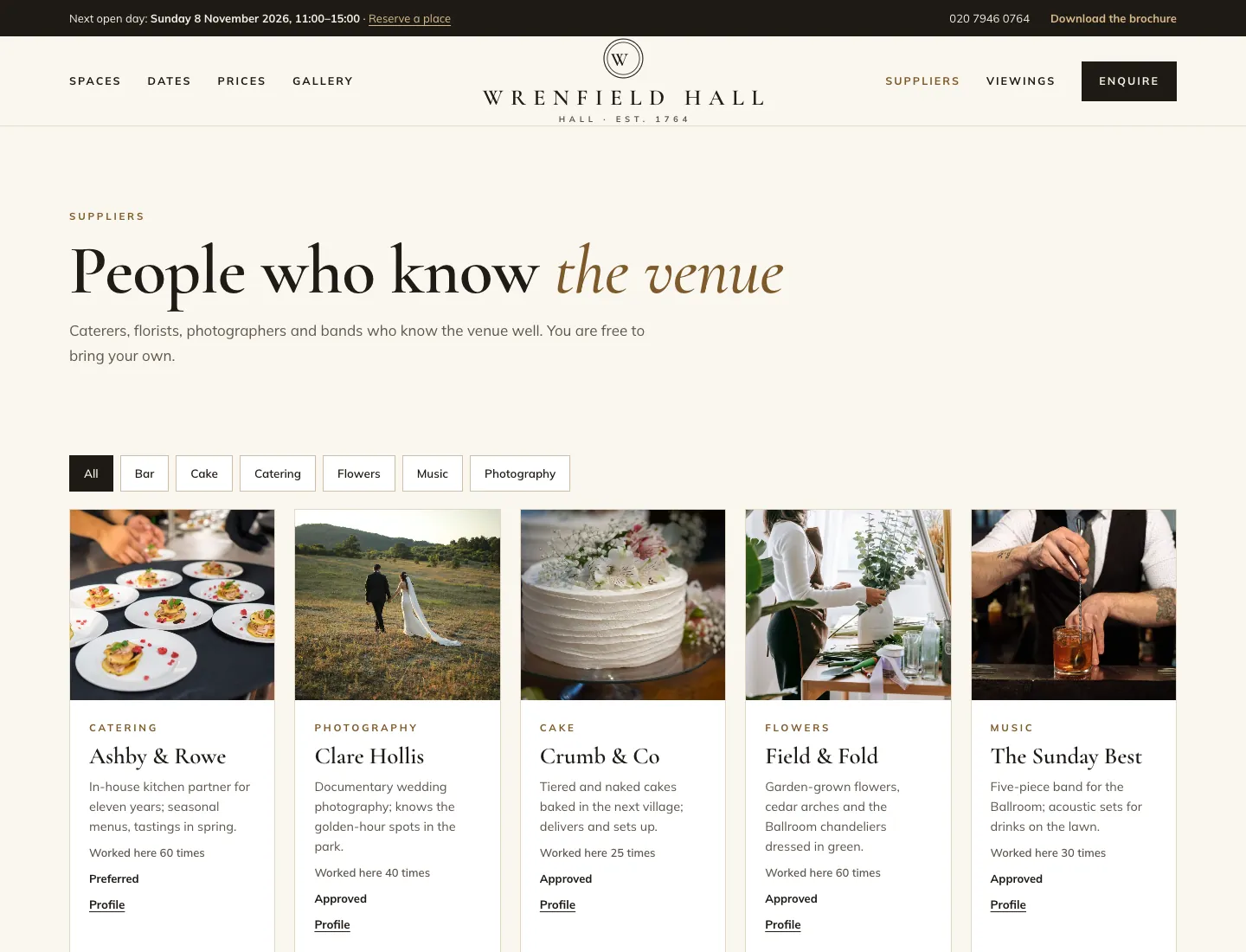 Suppliers page in the Estate design on desktop: “People who know the venue”, filters by category and cards for a caterer, a photographer, a cake maker, a florist and a band, each with how many times they’ve worked there and a badge