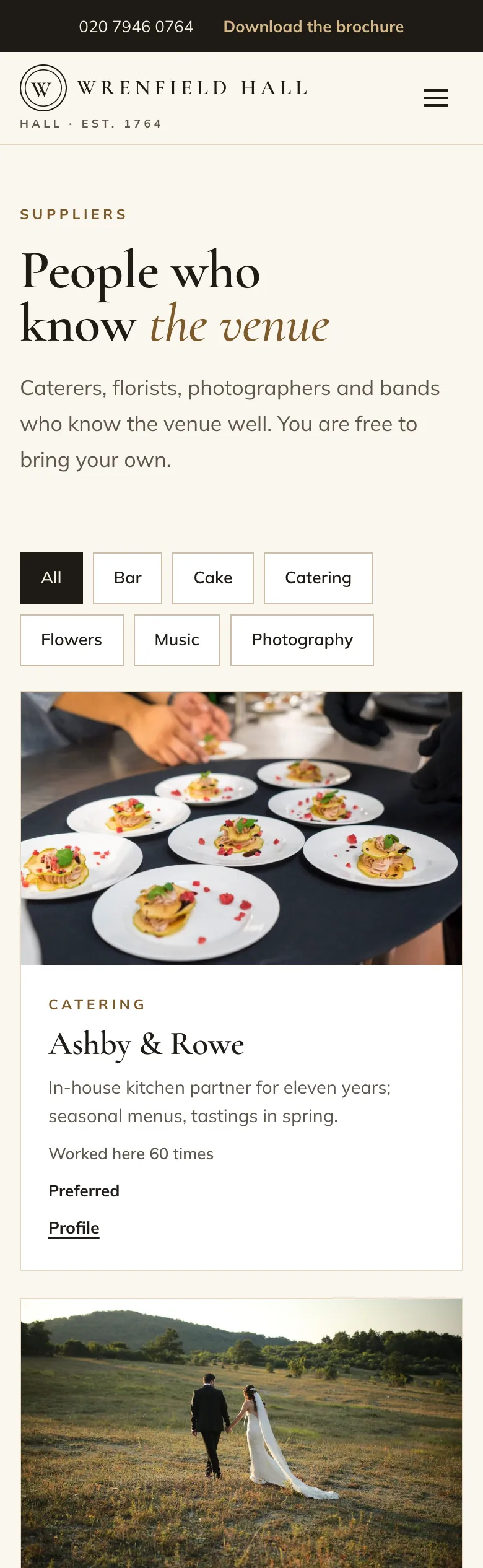 Suppliers page in the Estate design on a phone: the category filters and the first supplier cards with photos, “worked here” counts and profile links